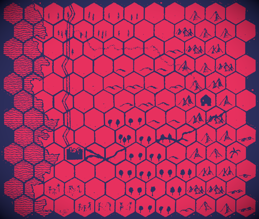 A map I drew in Hex Kit. It's mostly a coastal harbor town and a mountain village, and a lot of space in between. I colored it and slightly distorted it in gimp.