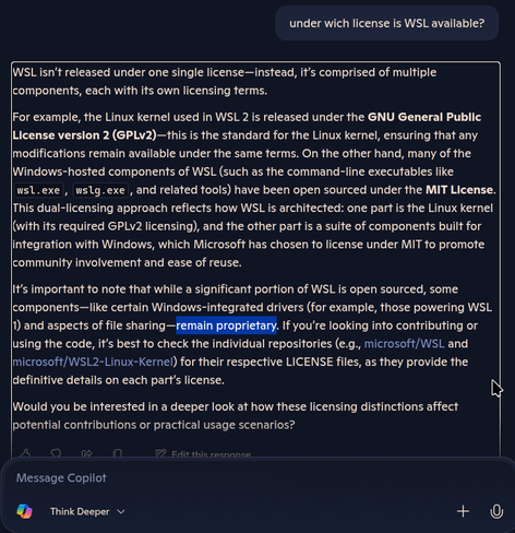 a deep think result of Microsoft copilot; SOME components of WSL "remain proprietary"
