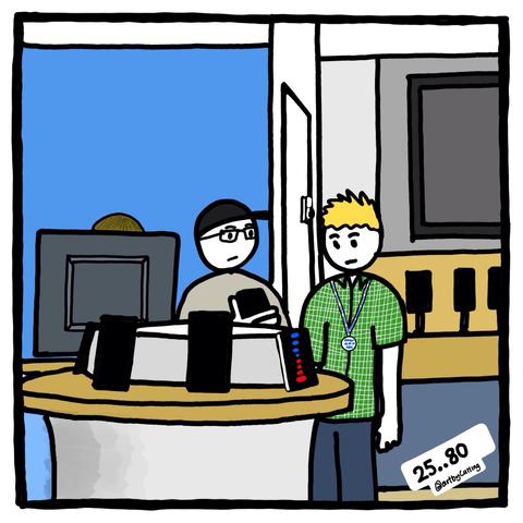 Pictured standing at the entrance pod trying to solve time, well alarms on an android phone a senior brought in. Around the store are lots of expensive phones.