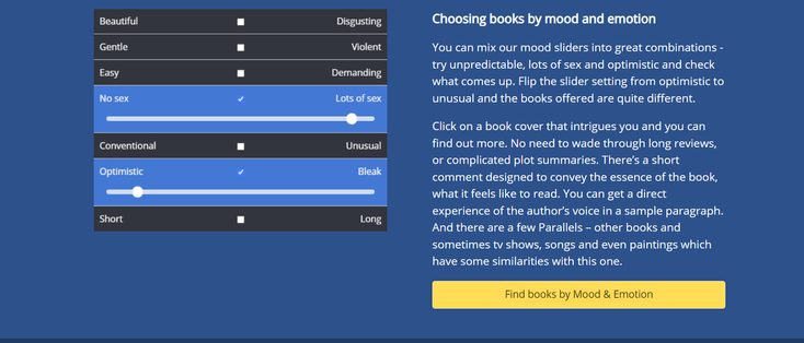 Sliders for different mood categories of books that you feel in the mood for reading.