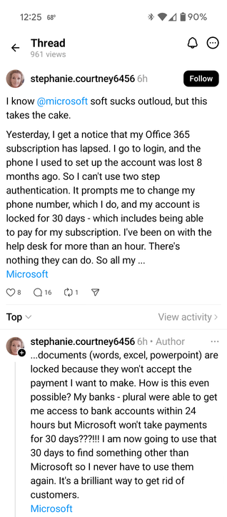 (Description of screenshot: a woman posted on Threads that she lost access to her Microsoft account through a combination of events, some of which she could have prevented, and now it will be thirty days before Microsoft will allow her access to her files).