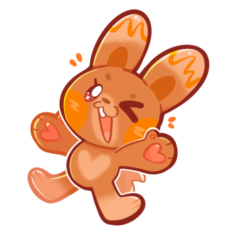 Art of my OC Bean, a coffee bunny. She's in a very excited pose with her arms and legs out, like she's jumping in the air, and giving you a wink.