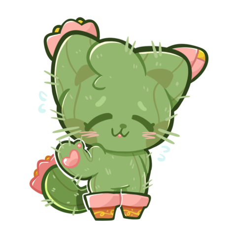 Art of my husband's OC Cactus, a cactus kitty. She's shyly waving at the viewer, with one of her arms hidden behind her back.