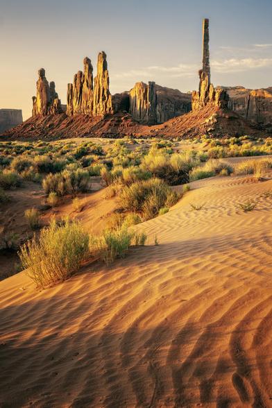 Golden light bathes dramatic pillar rock formations, highlighting their rugged beauty against a clear sky. Soft sand dunes in the foreground are dotted with sparse vegetation and create a contrast with the rocky structures in the distance.