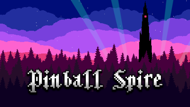 Pinball Spire key art showing the logo over a forest at twilight. The shadowy spire looms over the horizon.