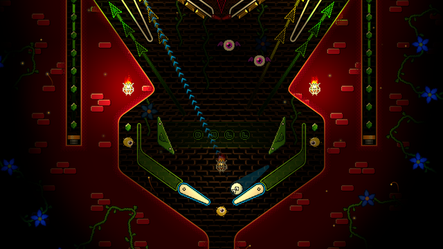 Pinball Spire screenshot showing the ball rolling across a flipper with a blue line pointing up diagonally to show the ball's projected path.