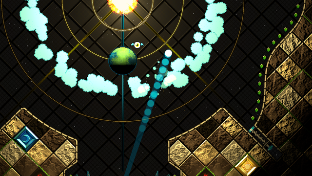 Pinball Spire screenshot showing the ball blasting through a ring of blue asteroids in a room that resembles a solar system. There's also a blue-green planet and a blazing star.