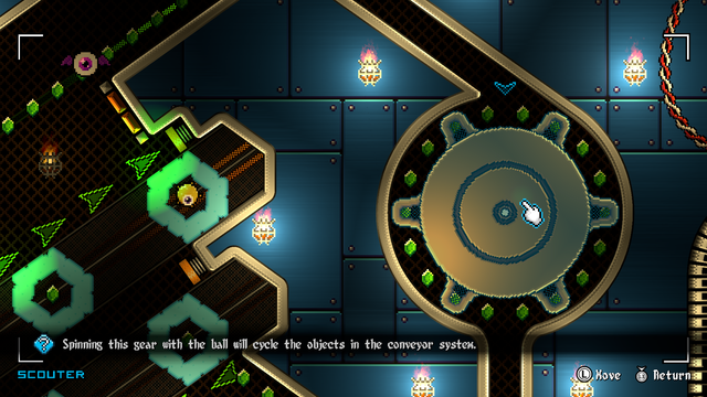 Pinball Spire screenshot showing a hand cursor hovering over a large orange gear to inspect it. A tip on the screen says "Spinning this gear with the ball will cycle the objects in the conveyor system".