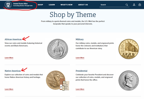 Screen grab of the US Mint website, the "Shop by Theme" page. Topics like Military, Presidential, are seen. Beside topics like African American and Native American are red arrows, indicating their difference from the others.