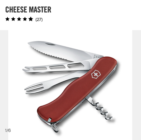 A photo of the Swiss army knife called “Cheese Master” (rated 5 out of 5 stars by 27 customers). It shows a knife with a wavy blade, a cheese blade (apparently), a fondue fork (narrower than a normal fork, with only three tines), and a corkscrew.