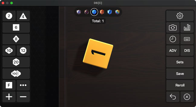 Dice by pCalc app window on macOS with a single yellow D6 with the number '1' showing in black. To the sides, dice selectors and choices for rolling etc.