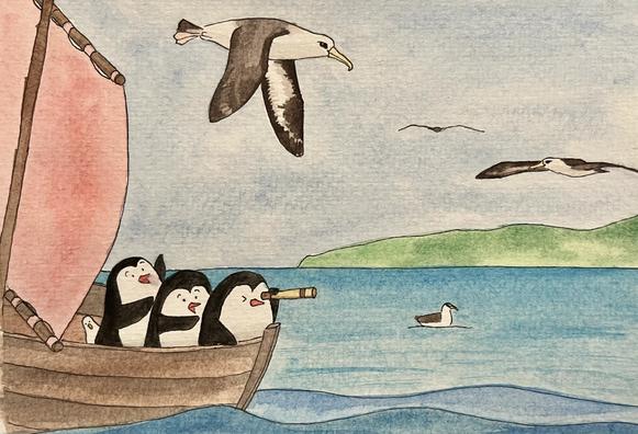 Illustration of three penguins sailing on their boat, standing on deck and watching the Albatrosses of Midway Island flying in the sky.
