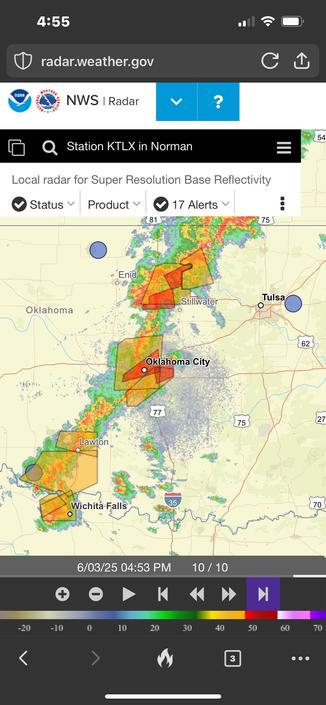 Weather radar of Oklahoma showing 17 severe thunderstorm and tornado warnings.