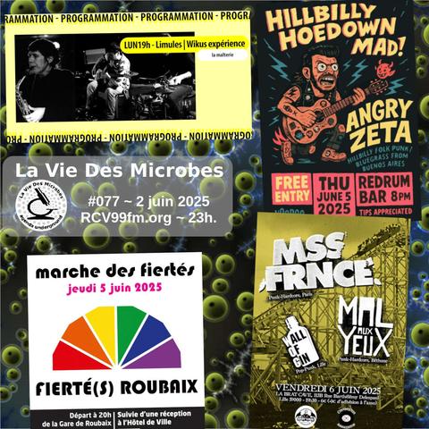 Flyer du podcast #077 de La Vie Des Microbes; Qu'y voit-on :
- concert Limules @ Malterie Wazemmes 09.06.2025 
- concert Angry Zeta @ Redrum Tournai 05.06.2025 
- marche des fiertés @ Roubaix 05.06.2025 
- concert Mss Frnce + Mal Aux Yeux + Wall Of Gin @ Brat Cave Wazemmes 06.06.2025