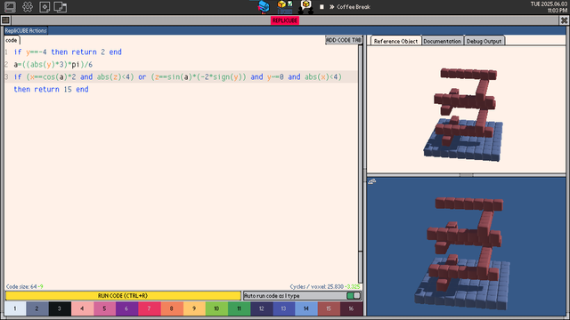 On the left, a code editor containing lua code, executed for every voxel coordinate.  Top right is the target shape and bottom right is the result of the code.
