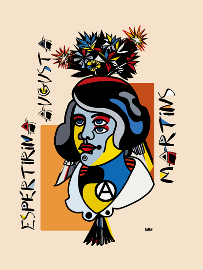 Espertirina Augusta Martins: A Revolucionária Cubista de 1917

A ilustração "O buquê de Espertirina" de Aman, inspirada no cubismo e modernismo, retrata Espertirina Augusta Martins (1903-1942), uma notável ativista anarquista e feminista brasileira.

A obra, datada de 2025 e intitulada "Buquê de Espertirina", destaca-a através de cores vibrantes e formas geométricas.

Em 1917, o Brasil vivenciava greves generalizadas devido ao alto custo de vida, fome e condições de trabalho desumanas, incluindo a exploração de mulheres e crianças. Em Porto Alegre, a tensão se acirrou com a morte de um operário. Espertirina liderou um cortejo fúnebre massivo, que se transformou em protesto.

Durante a marcha, a Brigada Militar tentou reprimir os manifestantes. Em um momento crucial, Espertirina, vestida de noiva, arremessou um buquê que explodiu, desorganizando a cavalaria e resultando em uma batalha campal. Os operários, preparados, obtiveram vantagem.

Aman, o artista, é conhecido por abordar temas como anarquismo e justiça social em suas obras.