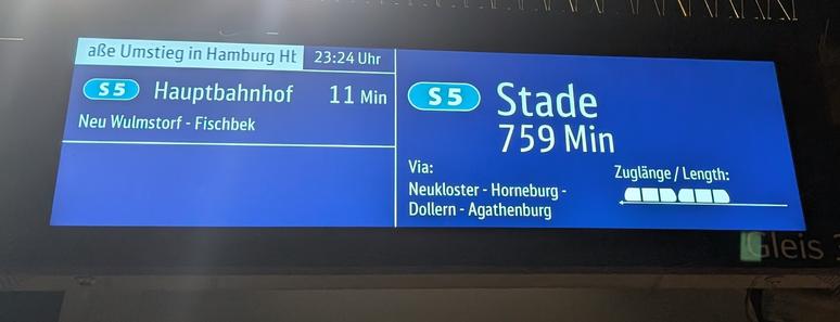 Eine Anzeige am Bahnhof Buctehude. Auf der einen Hälfte der Anzeige steht "S5 Hauptbahnhof 11 Min". Auf der anderen Hälfte ateht "S5 Stade 759 Min".
Die Anzeige hängt auf Gleis 3, das ist das Gleis für die S-Bahnen, die in Buxtehude enden, von dort kann kein Zug nach Stade fahren, eine Seite geht nach Hamburg, auf der anderen Seite steht ein Prellbock.