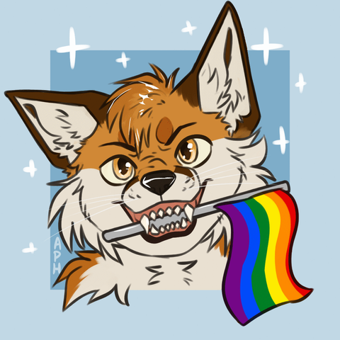 Furry art of me looking at the viewer with a grrr face while holding a rainbow flag in my mouth