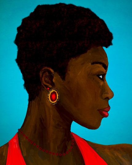 A portrait in profile of a black woman wearing red earrings and a red bead necklace. Short hair, red lips.