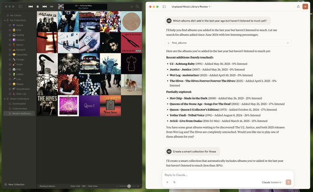 Screenshot of Longplay, a music rediscovery app for macOS, showing a new feature where the user chats with Claude to find albums they added in the last year but haven’t listened to much. Claude uses Longplay's provided tools to return those albums. The user then asks to create a smart collection, which is then displayed in Longplay