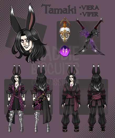 A commissioned character sheet of a viera from final fantasy fourteen with shoulder length black hair with white streaks and white tips on his black rabbit ears.