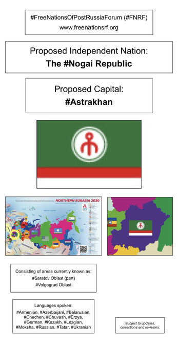 Information, flag, and maps showing proposed independent nation of The Nogai Republic (from the website of the Free Nations of Post-Russia Forum).
