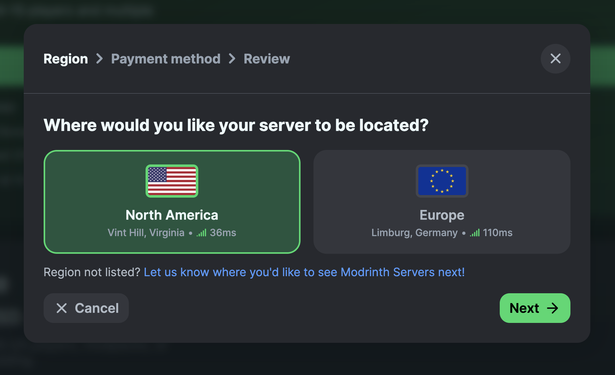 A selection screen allowing the user to select a server in North America (Virginia) or a server in Europe (Germany).