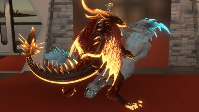 A fire and ice dragon holding a tango pose.