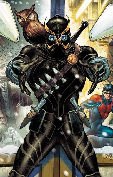 Talon, enforcer for The Court of Owls in Batman comics, with an owl perched on a shoulder.