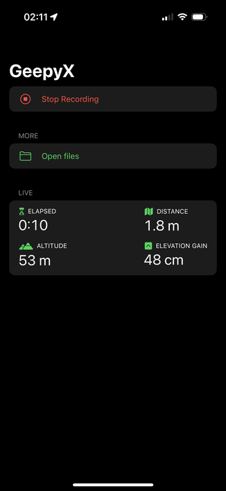 App screen shot of GeepyX, there is a new “live” section showing time elapsed, distance, altitude and elevation gained