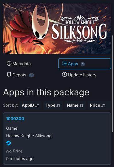 A screenshot of SteamDB showing that, for the first time, a package was uploaded for Silksong.