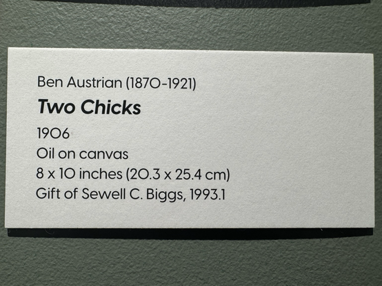 photo of gallery label: “Ben Austrian (1870-1921) Two Chicks 1906 Oil on canvas 8 x 10 inches (20.3 x 25.4 cm) Gift of Sewell C. Biggs, 1993.1”