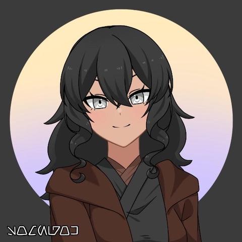 A picrew image in an anime style. A woman with olive skin, grey eyes, and long wavy dark hair. She's smiling slightly and wearing a brown and black tunic under a brown jacket.