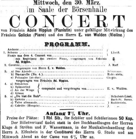 Kuva: Adelheid von Hippiuksen  saksankielinennkonserttiohjelma Tallinnassa 30.3.1877. Lähde: Revalsche Zeitung 29.3.1877, DIGAR: Digiteeritud Eesti ajalehed, Eesti Rahvusraamatukogu.