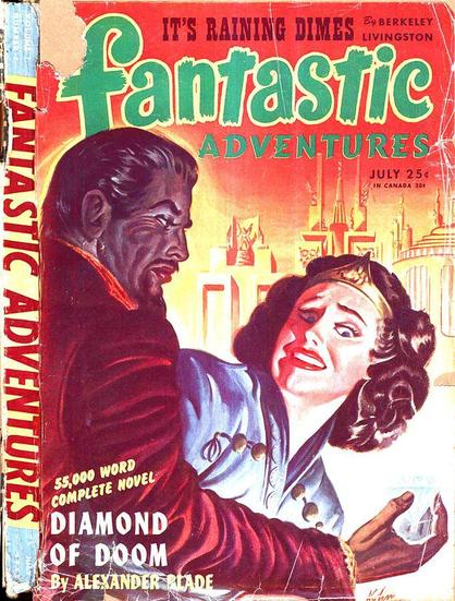 A dark-complexioned man with a moustache and beard in the foreground is holding a large glowing diamond; a woman behind him wearing a tiara is reacting in fear to the diamond. Fantastical buildings are seen in the distance.
Fantastic Adventures magazine cover from 1945.