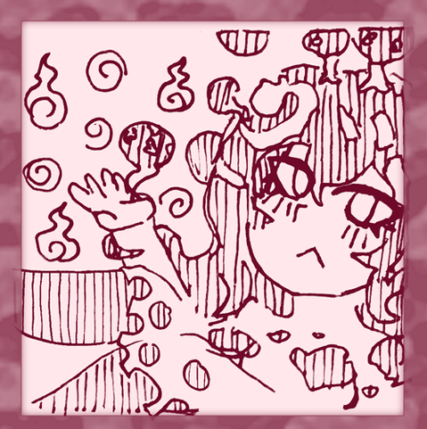 An ink drawing of an Amethyst Slime Mold floating with her spores.
