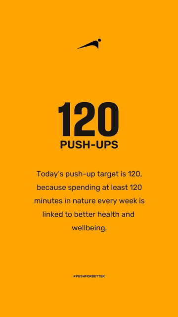 Orange background with text for today: 120 Push-ups.  Today's push-up target is 120, because spending at least 120 minutes in nature every week is linked to better health and wellbeing.