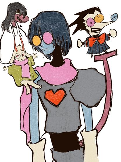 Deltarune sketches, Kris, Ralsei, Suzie and Spamton