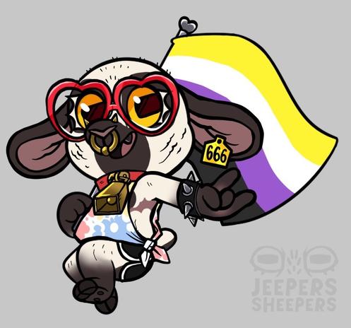 A pierced up and chubby lamb in heart glasses throws the devil hand gesture. They are grinning with sharp black teeth and wearing a tye dye shirt split down the sides and tied back together as well as booty shorts, and a spiked wrist cuff. They proudly hold a nonbinary flag propped on their shoulder.