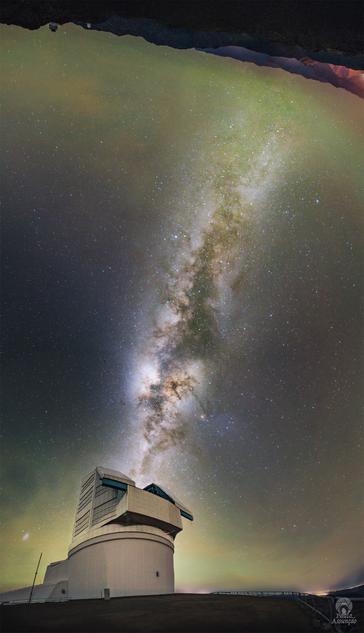 2025 June 4
A large telescope appears on the left. The band of our Milky Way Galaxy extends from the telescope to the upper right of the image. The horizon has a slight glow. Please see the explanation for more detailed information.

A Milky Road to the Rubin Observatory
 * Image Credit: NSF, DOE, Rubin Obs., Paulo Assunção Lago (Rubin Obs.)

Explanation: 
Is the sky the same every night? No -- the night sky changes every night in many ways. To better explore how the night sky changes, the USA's NSF and DOE commissioned the Vera C. Rubin Observatory in Cerro Pachón, Chile. In final testing before routine operations, Rubin will begin to explore these nightly changes -- slight differences that can tell us much about our amazing universe and its surprising zoo of objects. With a mirror over 8 meters across, Rubin will continually reimage the entire visible sky every few nights to discover new supernovas, potentially dangerous asteroids, faint comets, and variable stars -- as well as mapping out the visible universe's large-scale structure. Pictured, the distant central band of our Milky Way Galaxy appears to flow out from the newly operational observatory. Taken last month, the featured picture is a composite of 21 images across the night sky, capturing airglow on the horizon and the Small Magellanic Cloud galaxy on the lower left. 

Authors & editors: Robert Nemiroff (MTU) & Jerry Bonnell (UMCP)
NASA Official: Amber Straughn Specific rights apply.