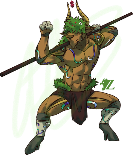 Magnum, a warforged (Dungeons and Dragons) shaped like a male anthropomorphic bull, strikes a fighting pose with a bo staff. He is wooden in color with various tattoos and markings glowing with the colors of the trans-inclusive gay male flag. He has leaves for hair atop his head, covering his eyes, as well as leaves on his hips, right above a snug loincloth keeping his modesty. There is a red gem floating between the tips of his horns.