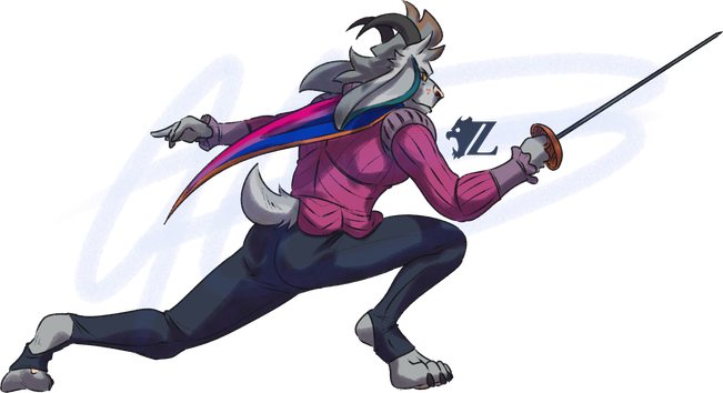 Argent, a male anthropomorphic goat, lunges forward with a fencing foil. He is mostly lightly grey-furred, with accents of teal in his ears and brown in his hair, with dark gray horns and golden eyes. He wears a faded pink doublet and dark  gray tights, with a capelet behind his back in the colors of the bisexual pride flag.
