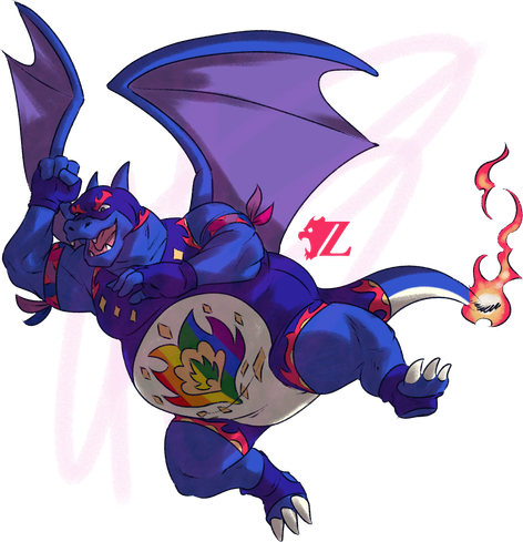 Cobalt, a blue male charizard, lunges himself into the air elbow first down towards an unseen opponent. He wears a dark blue luchador mask with a flame motic on the eyebrows and neck, and a matching singlet with the same motif on the arm holes, leg holes, and tail hole. There is a patch of white on the belly of the singlet, with a stylized flame in the colors of the rainbow pride flag, while he has armbands with the colors of the bisexual pride flag.