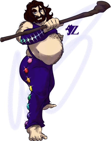 Jade, a large male human with plenty of body hair, lifts a walking cane up to protect himself with an intense expression on his bearded face. Long locks of brown hair flick with the movement as he wears a purple crop top strapped to a loose pair of purple pants, and purple wraps on his forearms. There are gems studded to his pants in the colors of the Gilbert pride flag, as there are gems on his arm wrap in the colors of the trans-inclusive gay male flag.