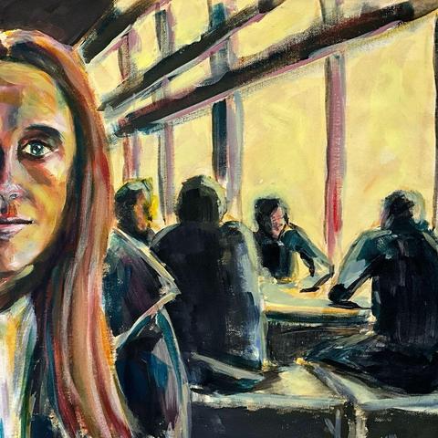 Painting of woman in bar.