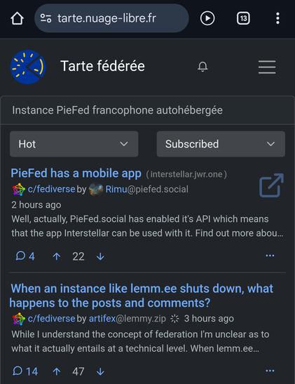 La tarte fédérée, l'instance PieFed de nuage-libre.fr