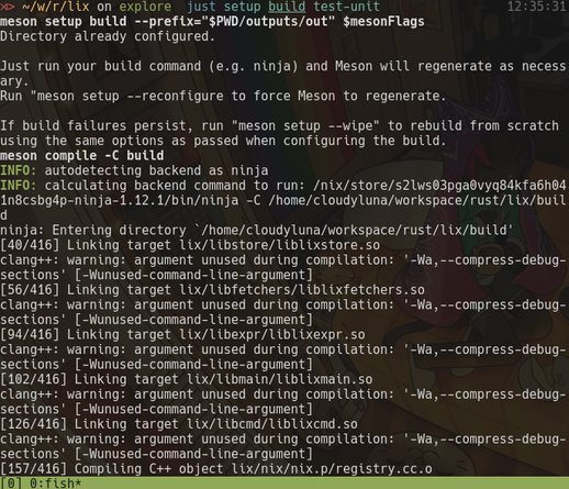 A textual build output by running `just setup build test-unit` within the lix codebase.