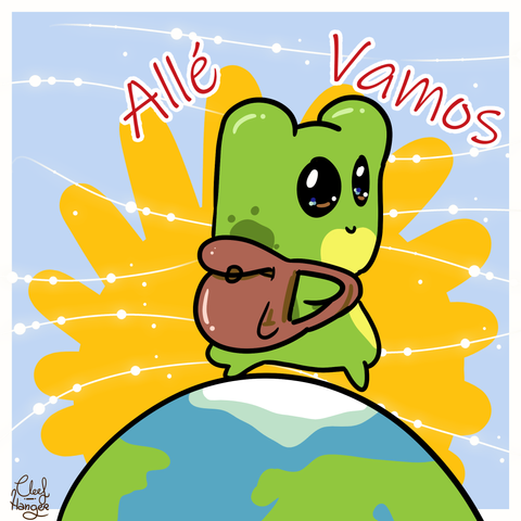 Froggelio con una mochila subido al mundo andando con el sol de fondo y un texto que dice Allé Vamos