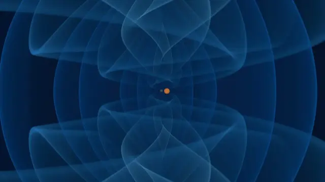 A visualization of a merger of a black hole with a neutron star and the emitted gravitational waves.