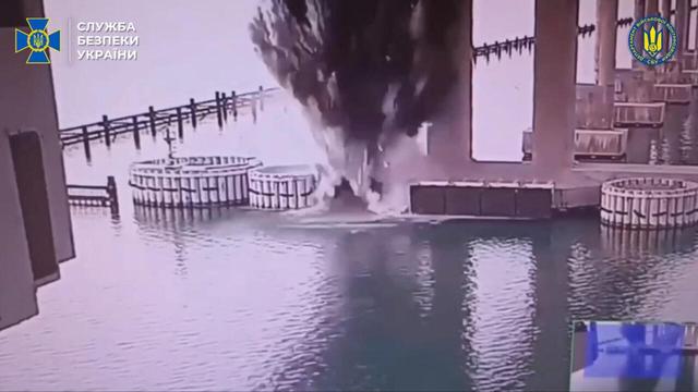 Ukrainian video of the detonation at the Kerch Bridge, between southwest Russia and occupied Crimea, June 3, 2025